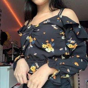 Cold Shoulder Black Floral Orange Top